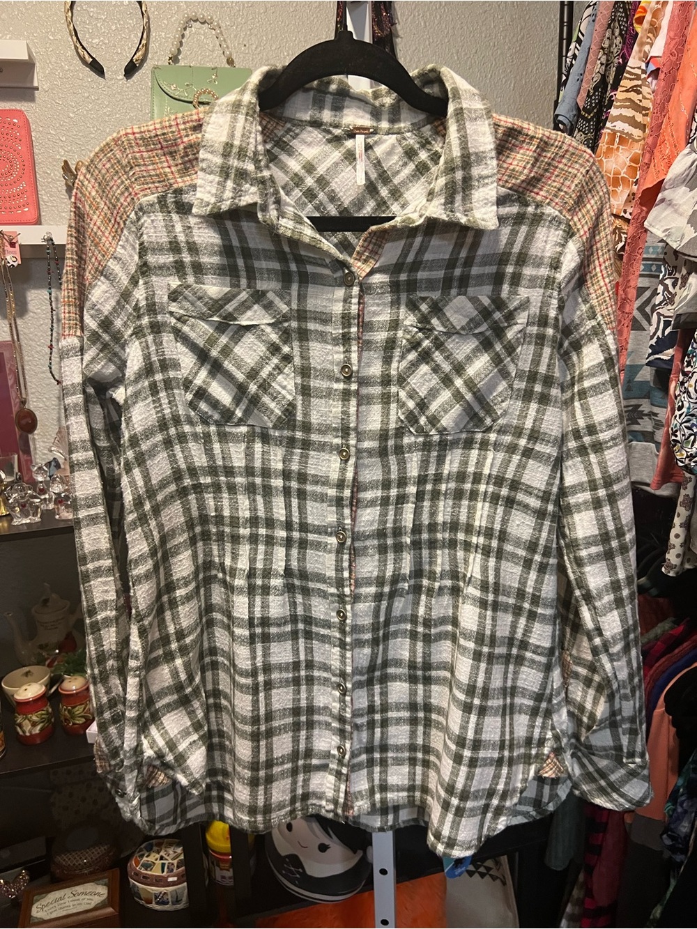 Free People Olive and White Plaid Button-Up Shirt with Contrast Shoulders